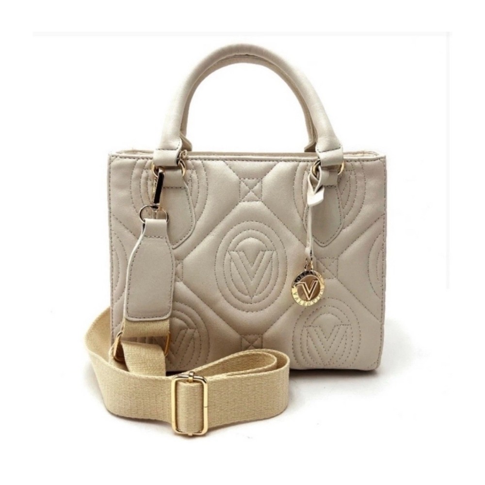 Valentino Orlandi Vegan Leather Quilted Tote Beige Gold Charm Top Handle NWT